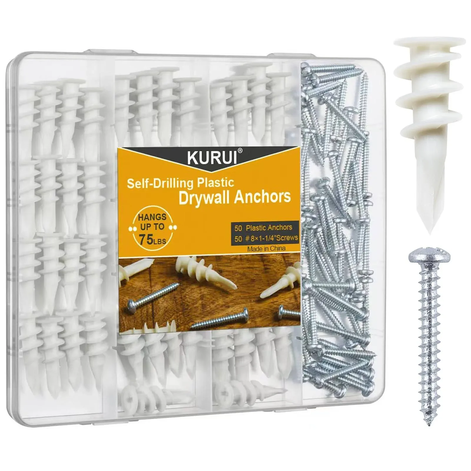 100PCs Plastic Self-Drilling Drywall Anchors,8 Threaded Wall And Screws Kit, 50