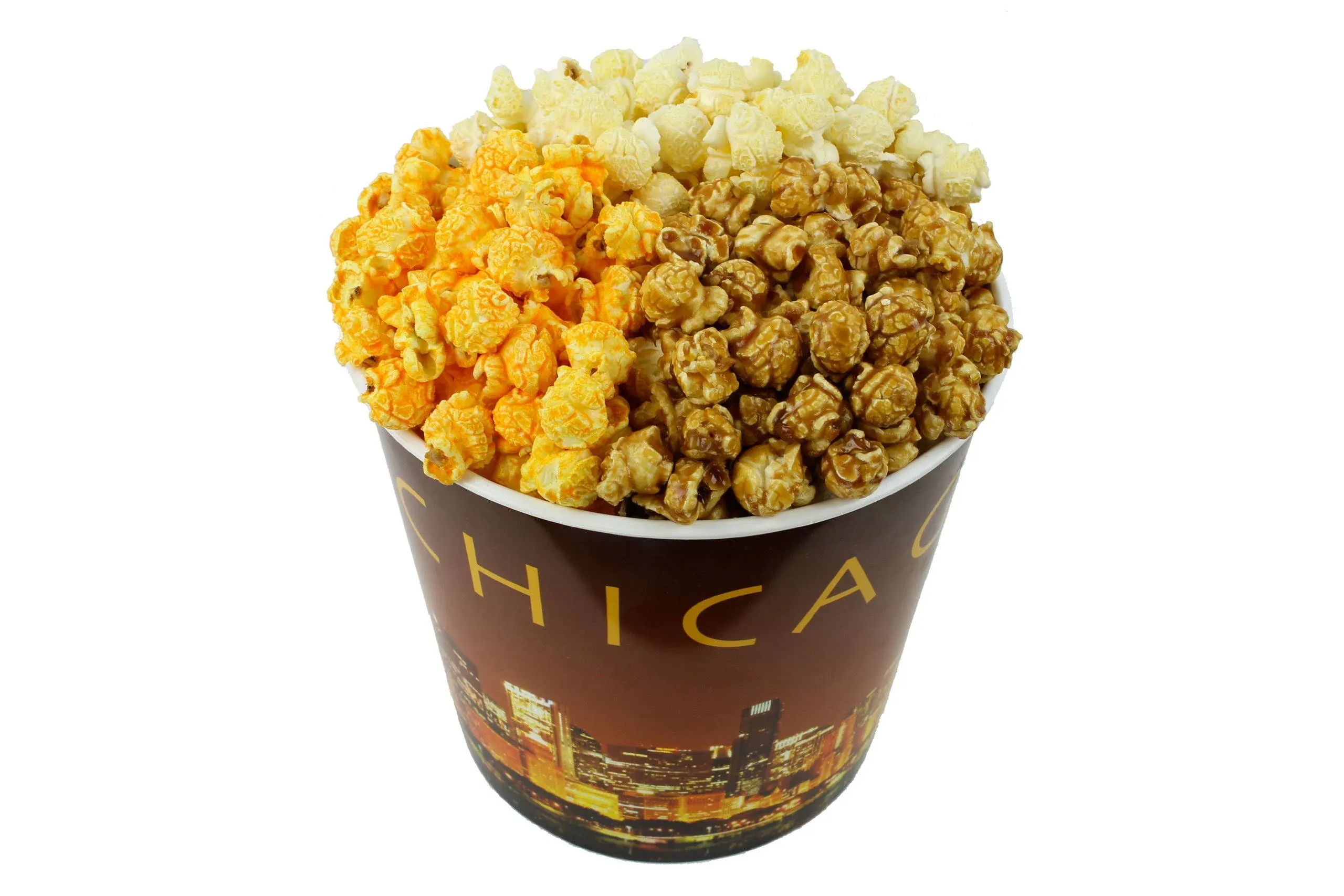 Signature Popcorn, 1-gallon Gold Chicago Skyline Reusable Plastic Bucket Tin, Butter, Caramel and Cheddar Cheese (3-Way Divider), Gourmet Popcorn Snack, Gluten Free