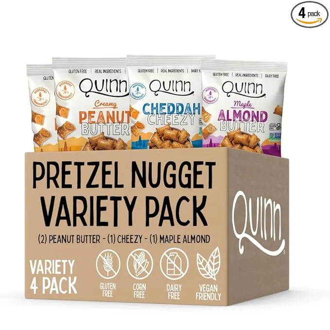 Quinn Filled Pretzel Nugget Variety Pack - Peanut Butter (2), Almond Butter (1), Plant-Based Cheezy (1) Gluten Free, Corn Free, Soy Free, Dairy Free & Vegan Friendly, Non-GMO, (4 Bags)