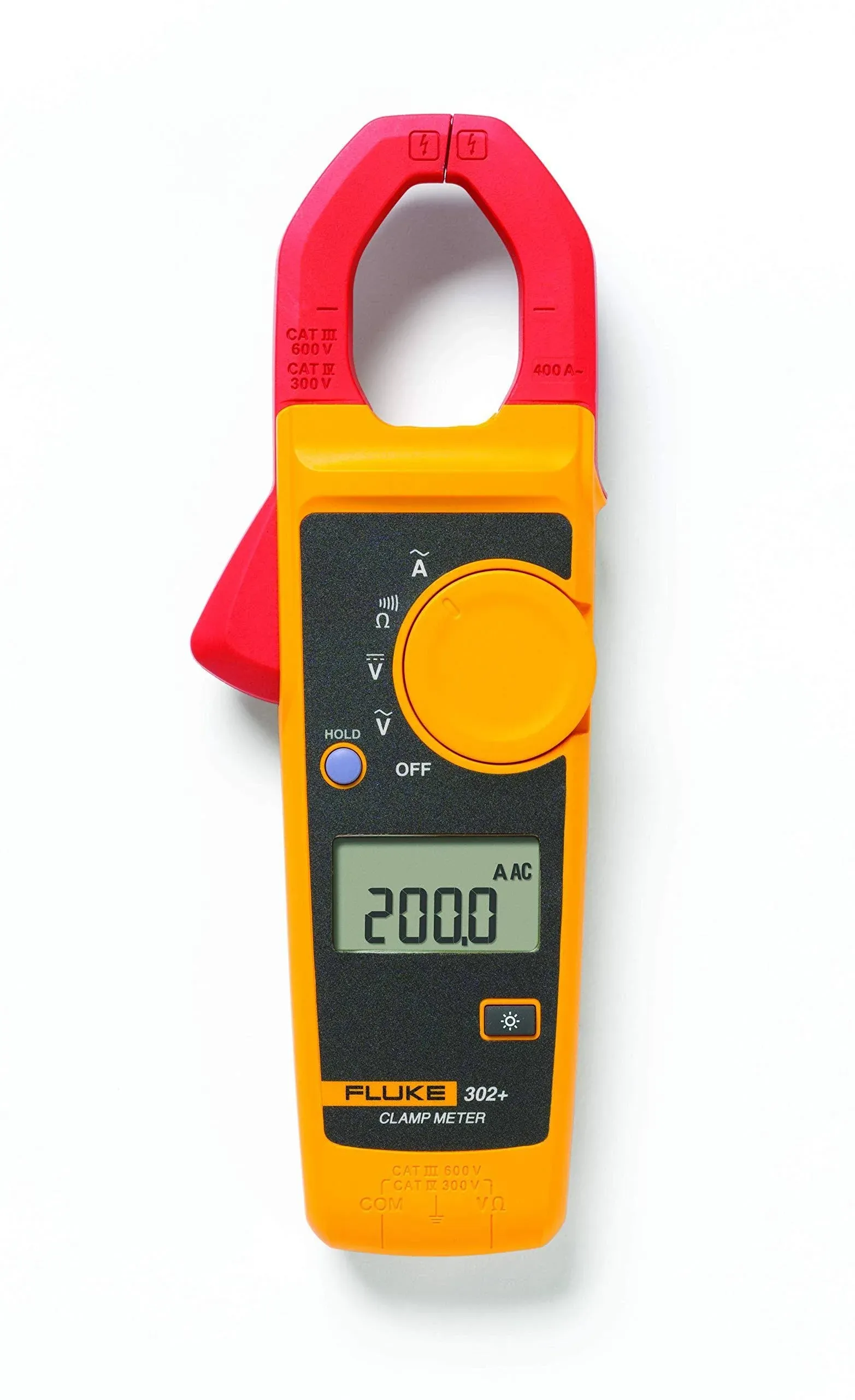 Fluke 302+ Digital Clamp Meter, 30mm Jaw, Measures AC Current to 400A, Measures AC/DC Voltage to 600V, Resistance, Continuity, and Capacitance Measurements, Includes 2 Year Warranty