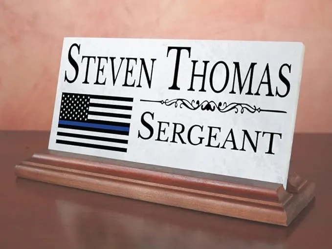 Law Enforcement Nameplate Gift - Solid Marble - Police Officer Thin Blue Line Custom Desk Name Plate