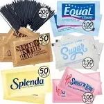 Sugar Packets for Coffee - 650-Pack Individual Sugar and Sweetener Assortment Packets: Splenda, Raw Turbinado Sugar, Equal, Sweet Low, Cane Sugar