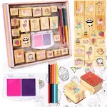 Unicorn Wooden Stamp and Sticker Set for Girls, Unicorn, Mermaid, Panda, Alpaca, Sloth, Cats, Rainbow, Butterfly Stamps, Activity Craft Set for Girls