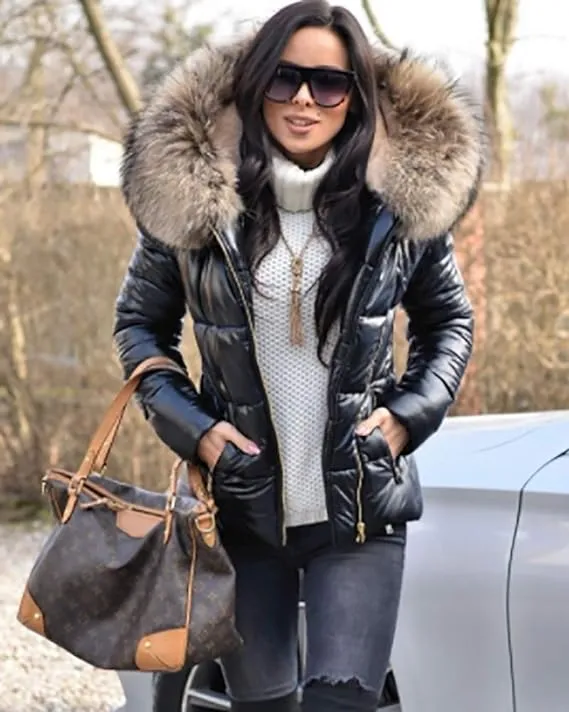 Aofur Womens Ladies Quilted Winter Coat Fur Collar Hooded Down Jacket Parka ...