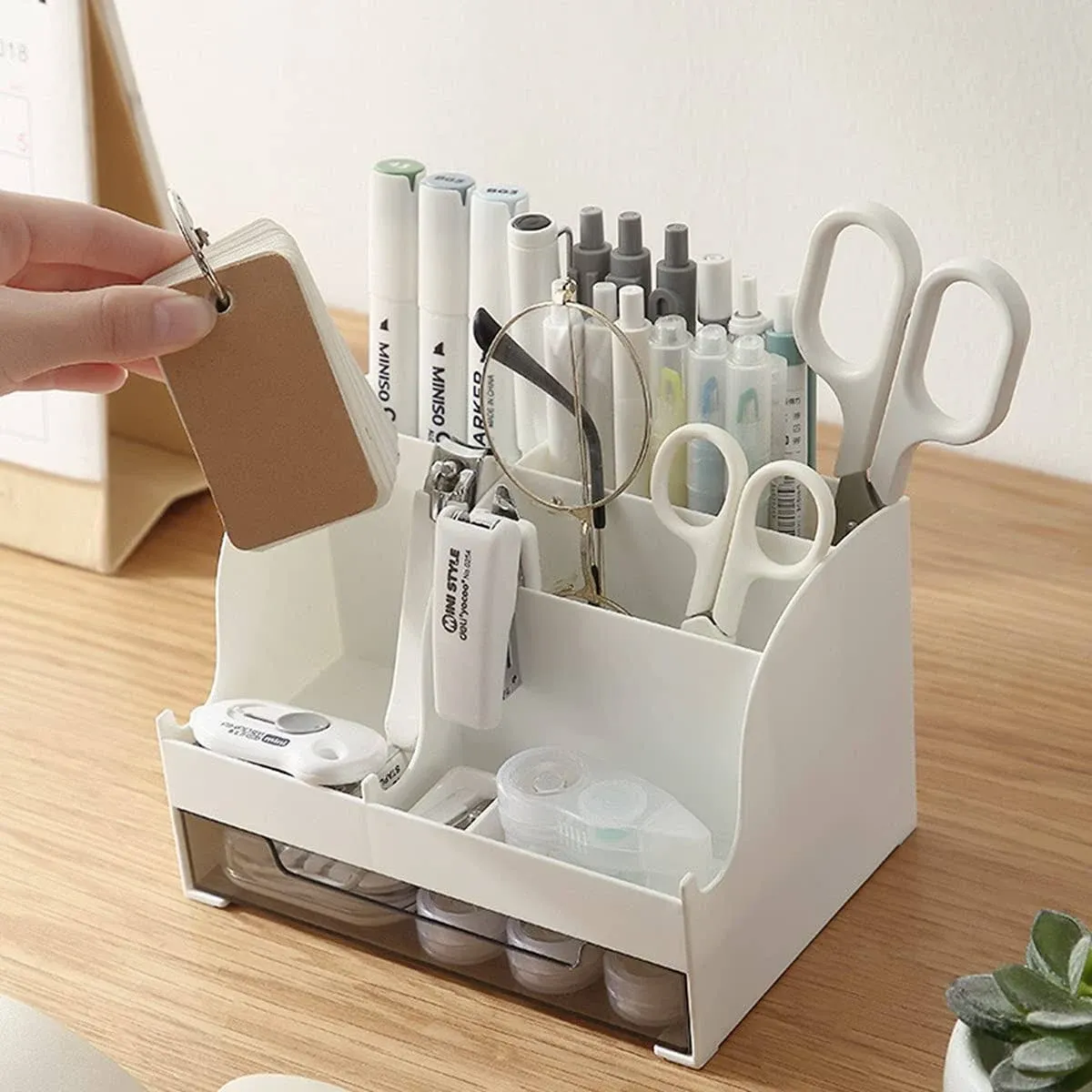 Saikvi Pen Holder Pencil Cup Holder All in One Desktop Organizer with Drawer, Organizer Pencil Holder for Desk Office and SCH