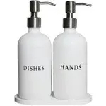 White Glass Hand and Dish Soap Dispenser Set - Modern Farmhouse Sink Accessories - Liquid Soap Dispenser - 16 oz Kitchen Sink Soap Dispenser Set with Tray, Stainless Pumps & Funnel