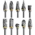 DKIBBITH Rotary Burr Set, 10pcs Tungsten Carbide Rotary Burrs Set Double Cut Points Files Grinder Fit Rotary Tool for Engraving Wood Working Carving