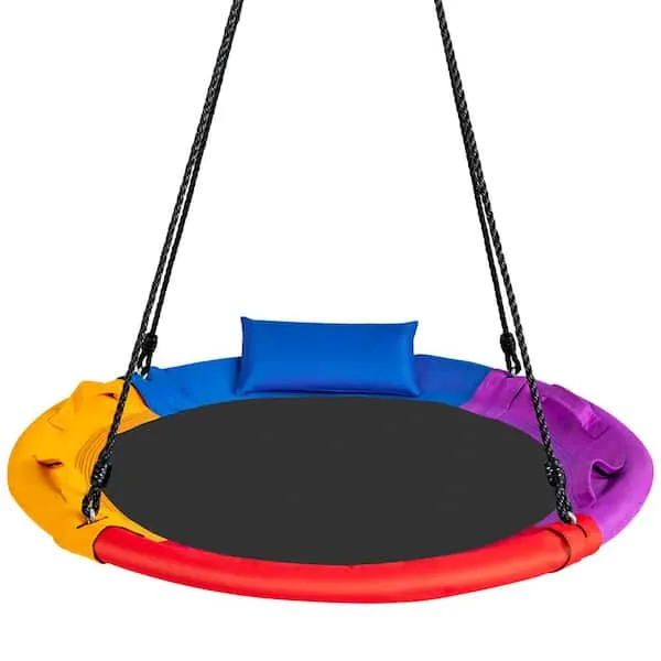 Costzon 40 Inch Saucer Tree Swing for Kids, Indoor Outdoor Round Platform Swing w/Pillow & Handle, Adjustable Hanging Rope, Great for Backyard, Play Ground, 330lbs Capacity (Multicolor)