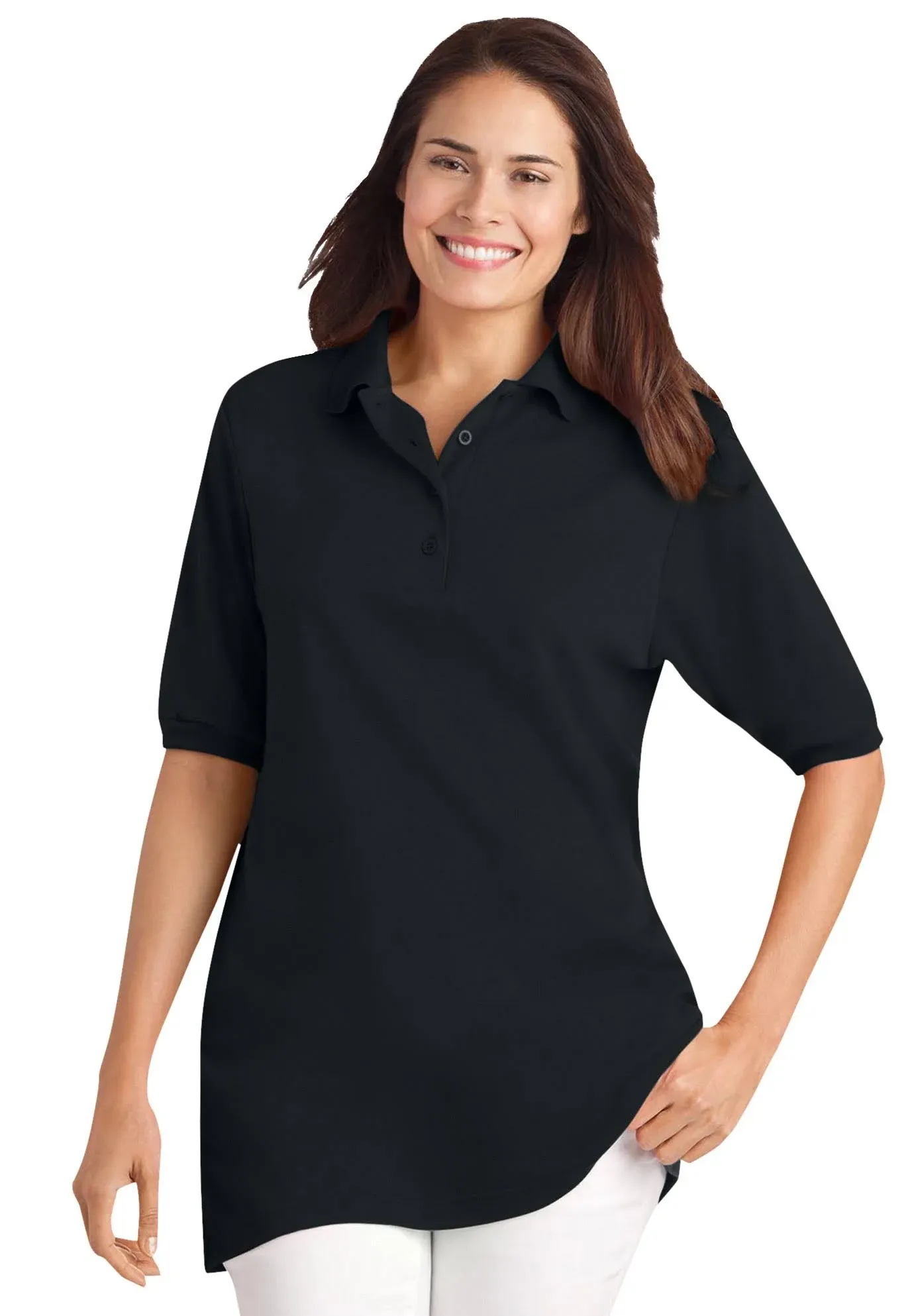 Plus Size Women's Elbow Short-Sleeve Polo Tunic by Woman Within in Black (Size 6X ...