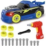 Burcoo Take Apart Racing Car with Electric Screwdriver Tool, Fine Motor Skill Toy Car Construction Set Stem Building Learning Game with Light and Soun