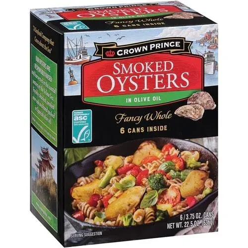 Crown Prince Non-GMO Smoked Oysters in Olive Oil 6 Cans 22.5 oz