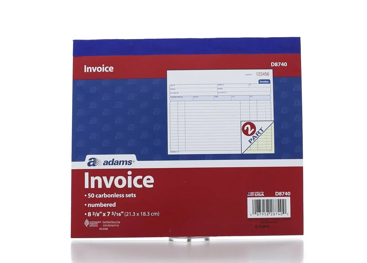 Adams Invoice Book, 2 Part, Carbonless, 8.38 x 7.19 Inches, 50 Sets per Book, White and Canary (D8740)