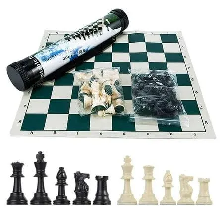 Getorium Tournament Chess Set, Portable and Professional Set with Travel Portable Plastic Tube Roll. Plastic Staunton Chess Pieces, Foldable Vinyl