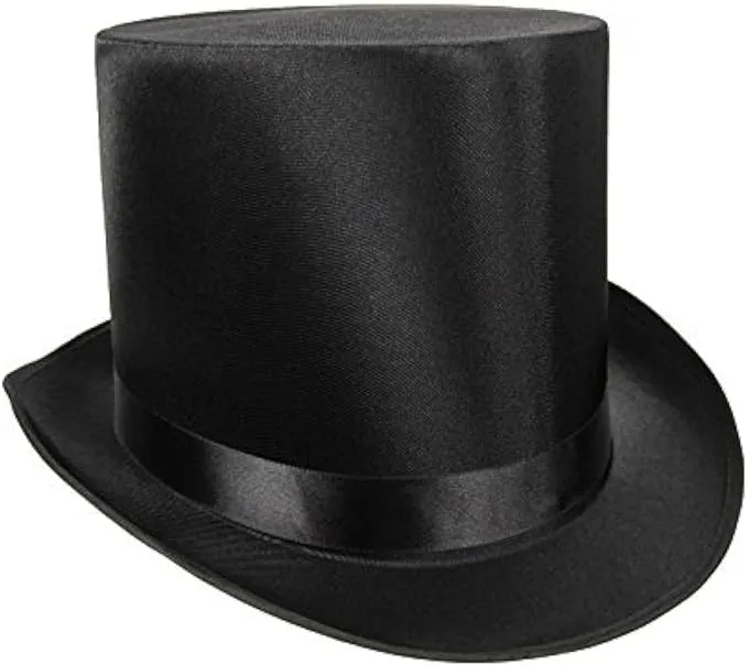 Tall Satin Black Top Hat - Deluxe Caroler Snowman Ringmaster Top Hat - Mad Hatter Baron Costume Hat