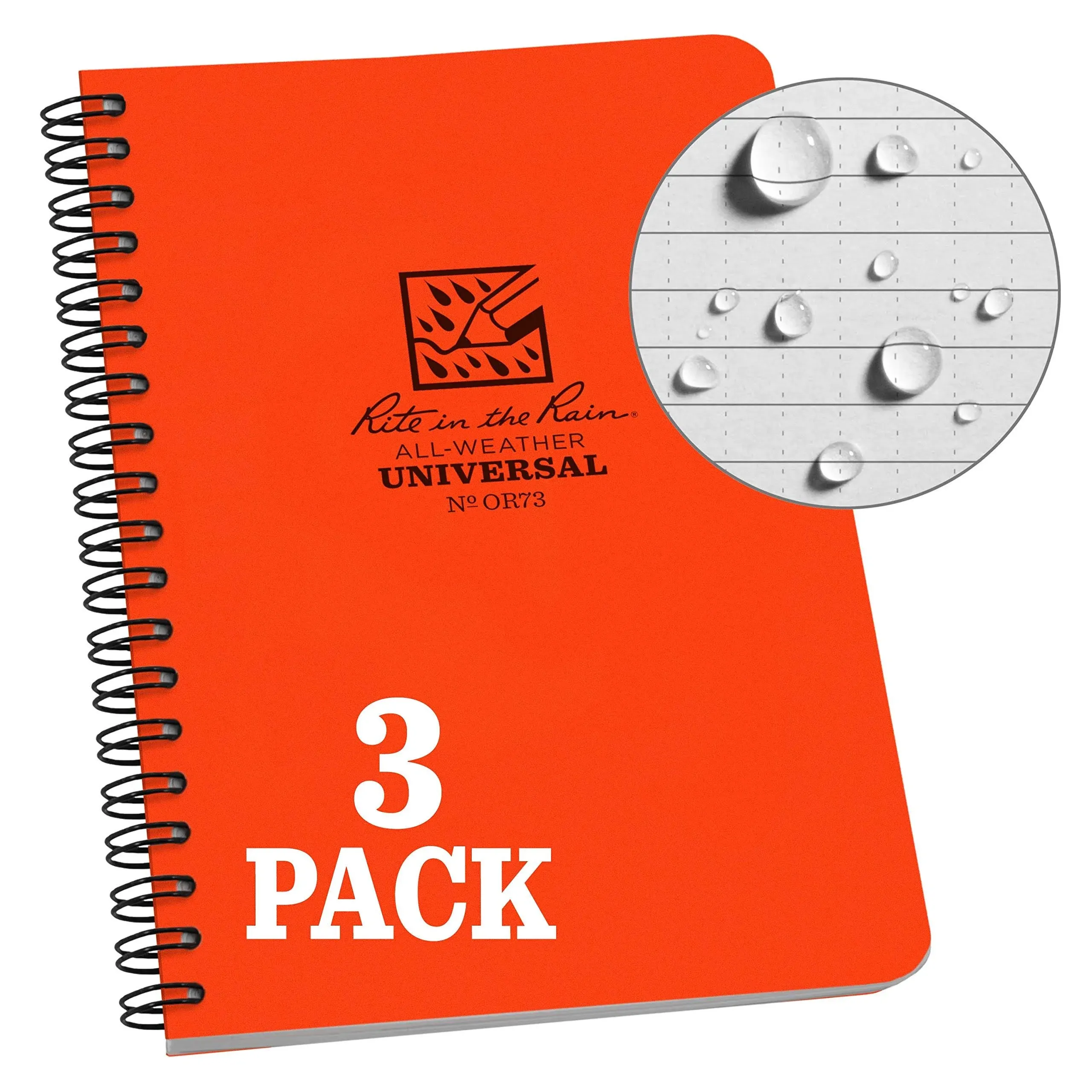 3pk Rite in the Rain Weatherproof Side Spiral Notebook 4.625&#034; x 7&#034;, Orange Cover