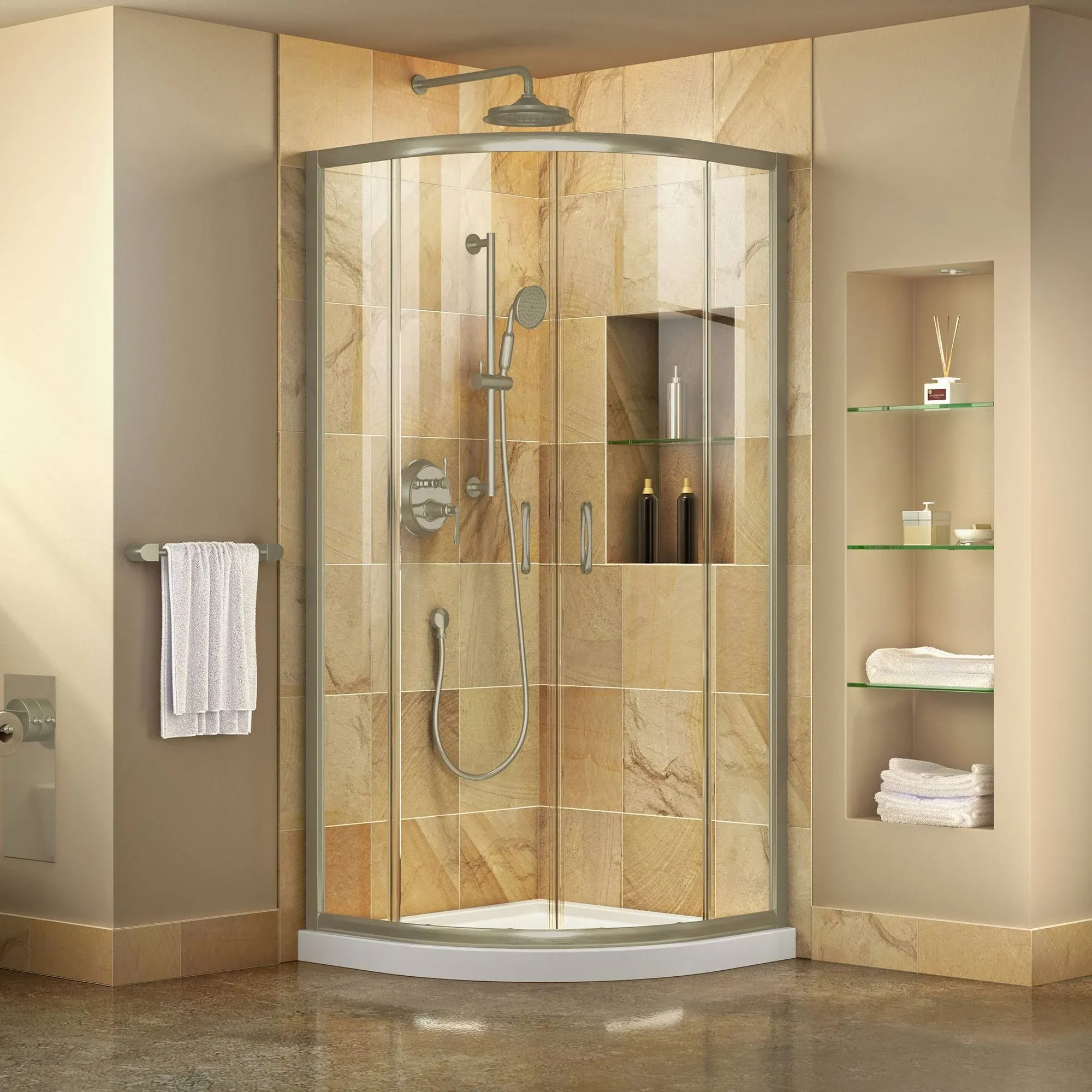 DreamLine Prime 2-Piece 36-in W x 36-in L x 75-in H Round Corner Shower Kit (Corner Drain) with Base and Door Included Chrome Hardware Included Lowes.com