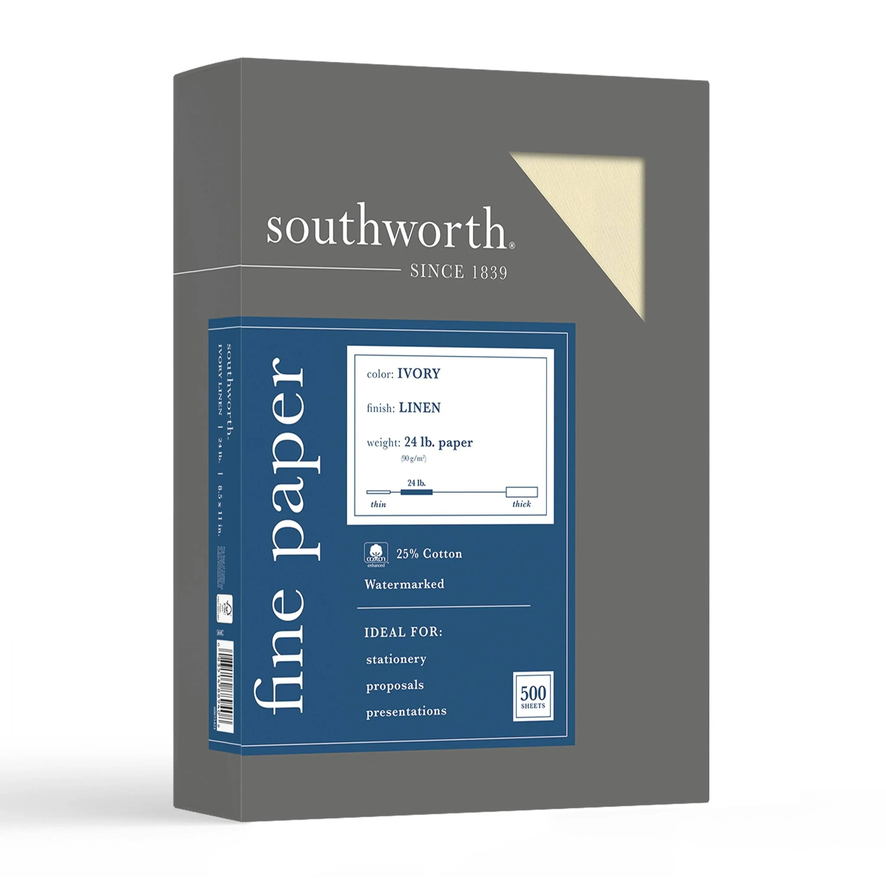 Southworth® 25% Cotton Linen Business Paper, Ivory, Letter (8.5"" x 11""), 500 Sheets Per Ream, 24 Lb, 94 Brightness