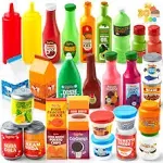 JOYIN 30pcs Play Food Grocery Cans, Pretend Play Kitchen Accessories, Includes Drink, Juice, Jar, Seasoning, Water Bottle, Sauce, Yogurt, Ice Cream,