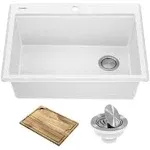 Kraus KGTW12-28WH, Bellucci 28 inch Length Granite Composite Workstation Drop-In Top Mount Single Bowl Kitchen Sink with Accessories, White